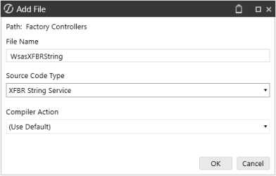 XFBR String Service selected from Source Code Type in Add File dialog box