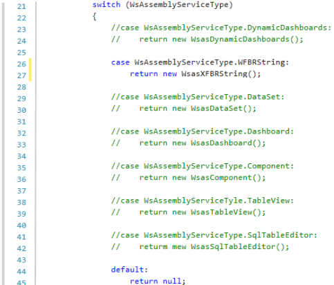 Sample Service Factory with a XFBR service type that has a yellow highlight line on lines 26-27.