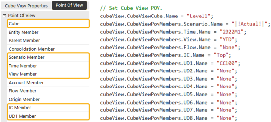 The Point of View properties configured in the Dynamic Cube View Service code sample are the Cube, Scenario Member, Time Member, View Member, IC Member, and UD1 Member properties.