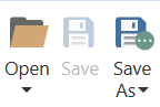 Open icon is a folder, flat design style. Save icon is a file save, flat design style. Save As icon is a file save with green ellipses, flat design style.