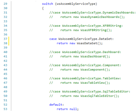 Sample Service Factory with data set service type that has a yellow highlight line on lines 37-38.